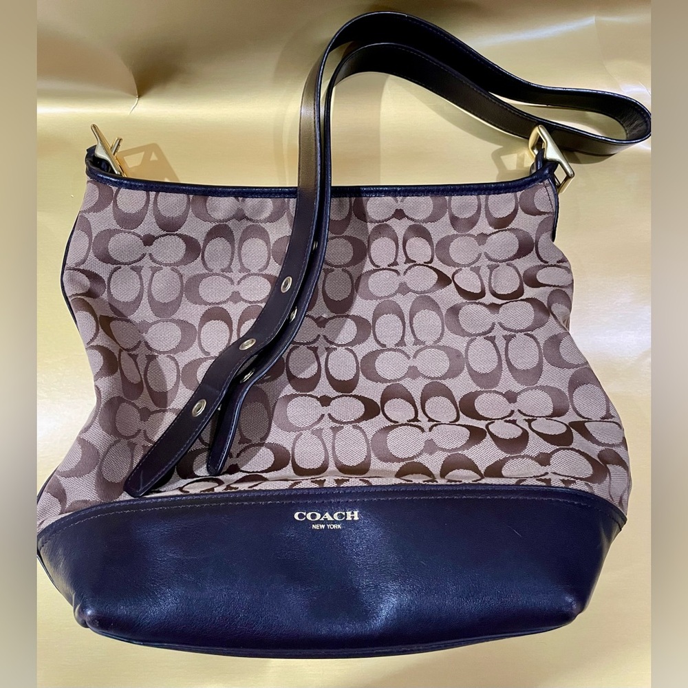 Coach Tan and Black Signature Shoulder Bag